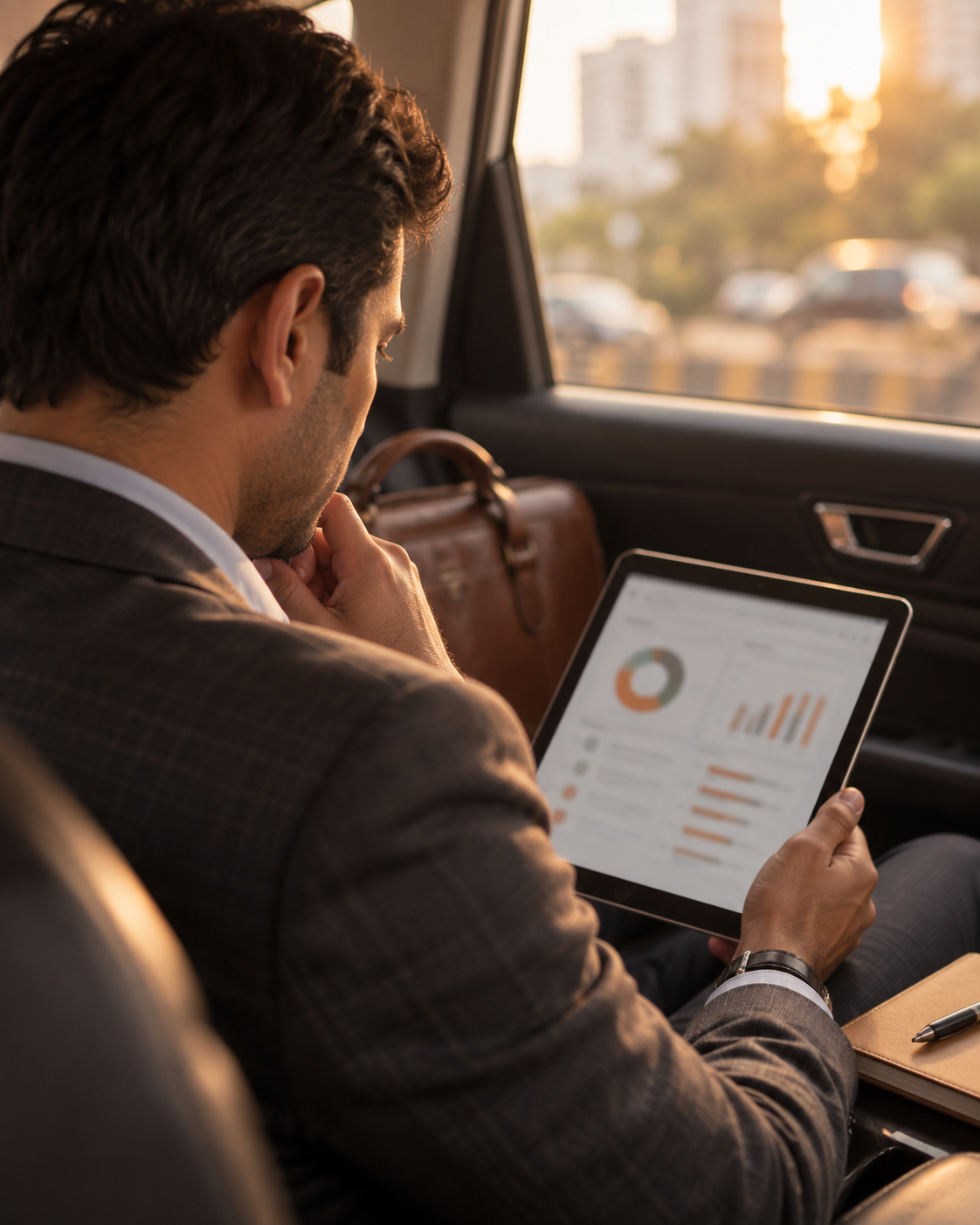 A pharmaceutical sales rep reviewing a scored roleplay call on a tablet between appointments
